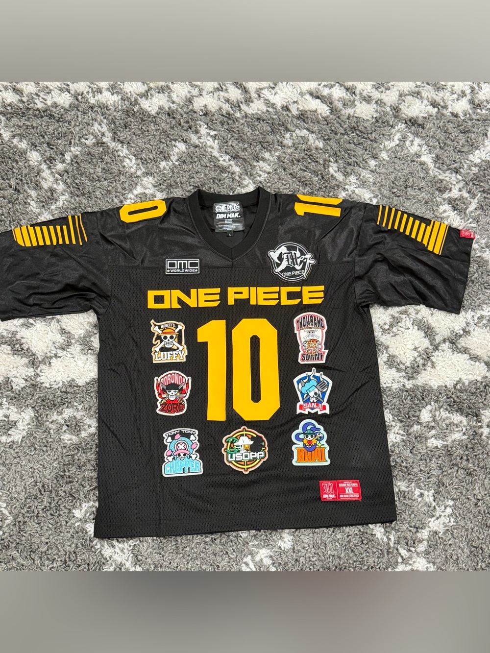 NWOT DIM MAK x One Piece Men’s Black & Yellow Jersey with Anime Patches - S
